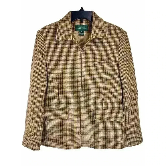 Lauren Ralph Lauren Jacket 8 Brown Houndstooth Wool Plaid Equestrian Riding Zip - Picture 1 of 11